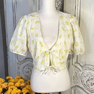 Cotton:On Floral Puff Sleeve Front Double Tie Crop Top